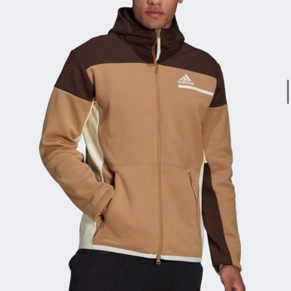 Adidas Full-zip hoodie Sweatshirt, Brown/Tan, Size Large